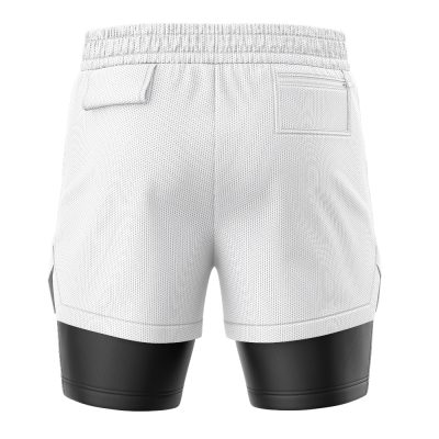 Back view of Team Rocket Pokemon 2-in-1 Performance Shorts featuring a white mesh outer layer, black fitted inner layer, elastic waistband, and two back pockets—one with a flap, one open.