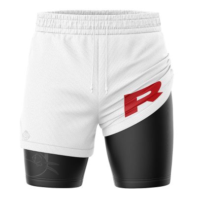 The Team Rocket Pokemon 2-in-1 Performance Shorts feature white athletic shorts with a red 'R' overlaying black compression layers, a drawstring waistband, and a subtle cat face outline on the left legging.