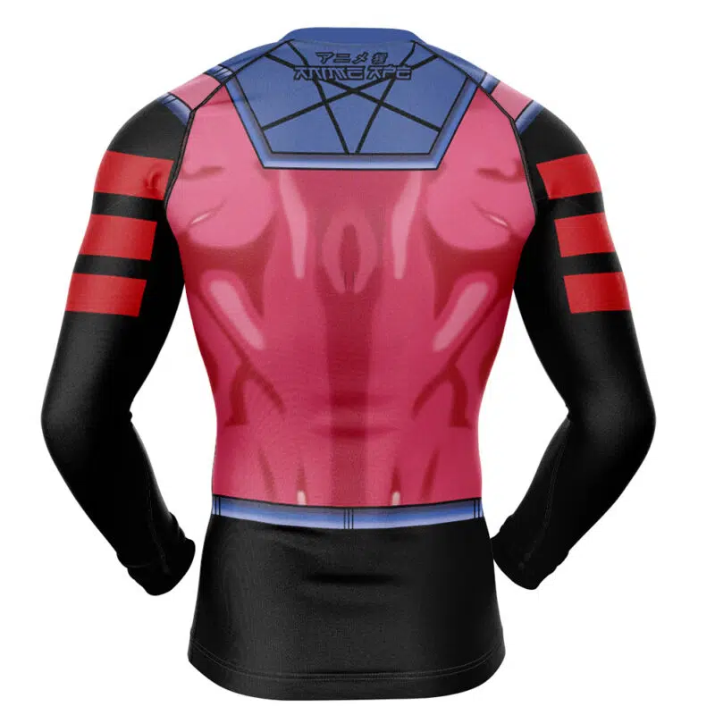The Gambit X-Men Marvel Long Sleeve Rash Guard Compression Shirt features a superhero armor design with a red and black muscular back, blue collar accents, and red stripes on the black sleeves. The view is from the back.