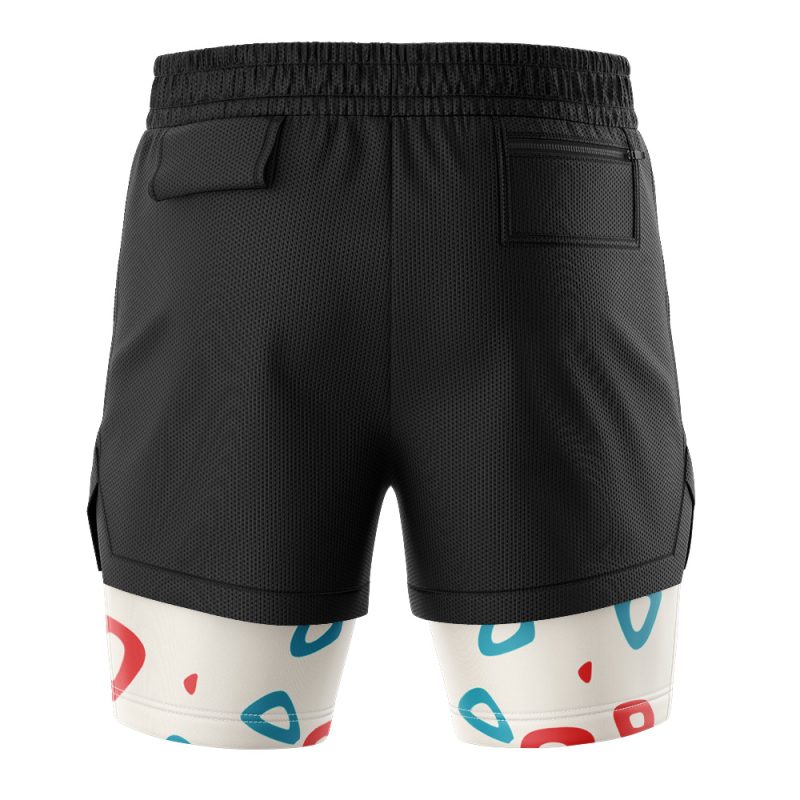 Back view of Togepi Pokemon 2-in-1 Performance Shorts: black athletic outer shorts with an elastic waistband and back pockets over white compression shorts featuring red and blue abstract shapes peeking out underneath.