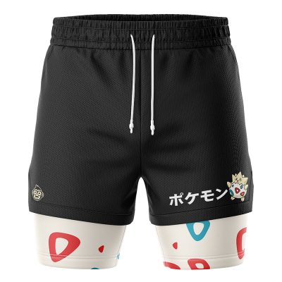 The Togepi Pokemon 2-in-1 Performance Shorts are black with a white drawstring, Japanese text, a Togepi graphic on the right leg, and an inner layer featuring a red and blue pattern.
