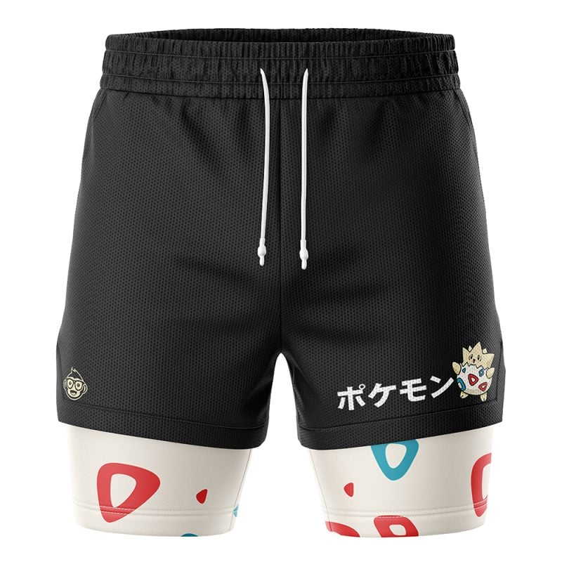 The Togepi Pokemon 2-in-1 Performance Shorts are black with a white drawstring, Japanese text, a Togepi graphic on the right leg, and an inner layer featuring a red and blue pattern.