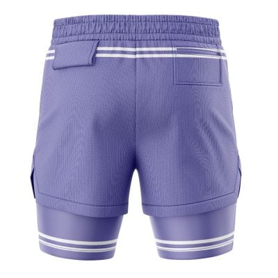 Back view of Towelie South Park 2-in-1 Performance Shorts in purple, featuring textured fabric, two horizontal white stripes near the waistband, and matching white stripes at the bottom of the inner layer.