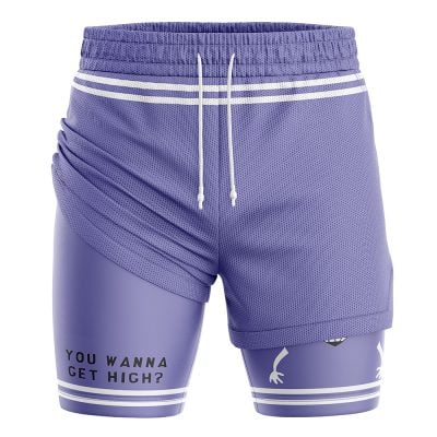 The Towelie South Park 2-in-1 Performance Shorts feature purple athletic double-layered mesh, ruched on the left to reveal a cartoon arm and "YOU WANNA GET HIGH?" printed on the inner layer.