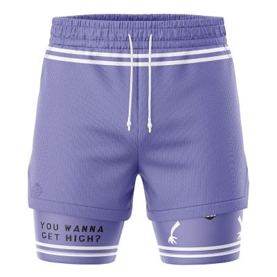 The Towelie South Park 2-in-1 Performance Shorts feature purple athletic shorts with white drawstrings and stripes, plus built-in compression shorts with cartoon arms and "YOU WANNA GET HIGH?" text on the left leg.