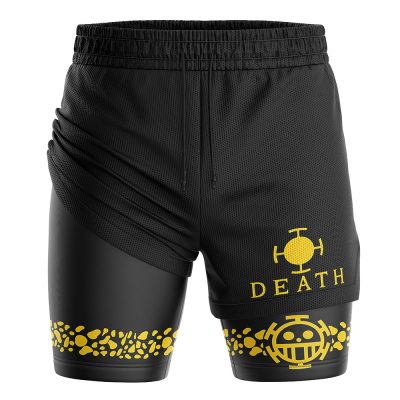 The Trafalgar Law Punk Hazard One Piece 2-in-1 Performance Shorts are black athletic shorts with yellow accents, "DEATH" text, and a smiling pirate emblem. They feature an elastic waistband and breathable fabric for comfort.