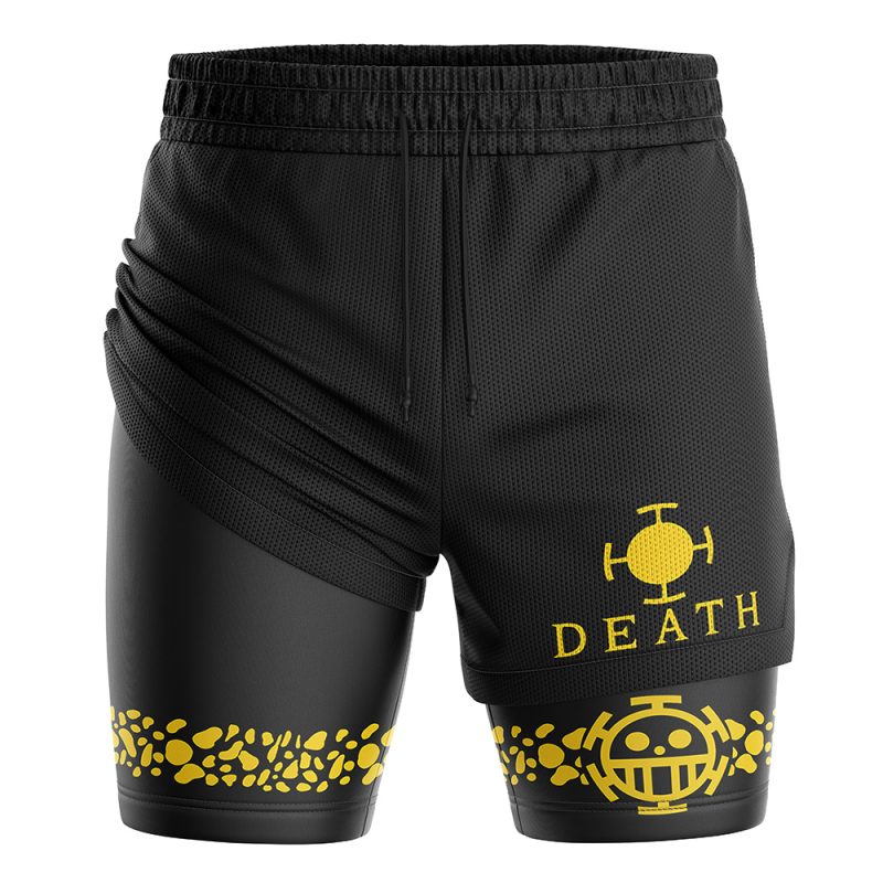 The Trafalgar Law Punk Hazard One Piece 2-in-1 Performance Shorts are black athletic shorts with yellow accents, "DEATH" text, and a smiling pirate emblem. They feature an elastic waistband and breathable fabric for comfort.