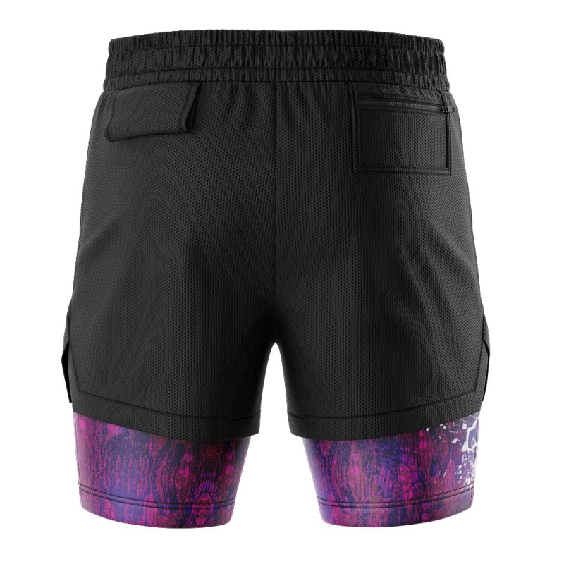 Back view of Trippy Ghostly Evolution Gastly Pokemon 2-in-1 Performance Shorts in black with an elastic waistband, two rear pockets, mesh-like fabric, and visible purple and pink patterned compression shorts underneath.