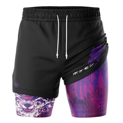 The Trippy Ghostly Evolution Gastly Pokemon 2-in-1 Performance Shorts feature black athletic fabric, a white drawstring, and a layered design: the right leg is covered while the left reveals inner purple and pink shorts with Gengar and Haunter graphics and Japanese text.