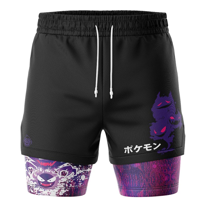 The Trippy Ghostly Evolution Gastly Pokemon 2-in-1 Performance Shorts feature black fabric with purple and pink designs of Gengar, Haunter, and Gastly, Japanese text and art on the right leg, plus a patterned underlayer on the left.