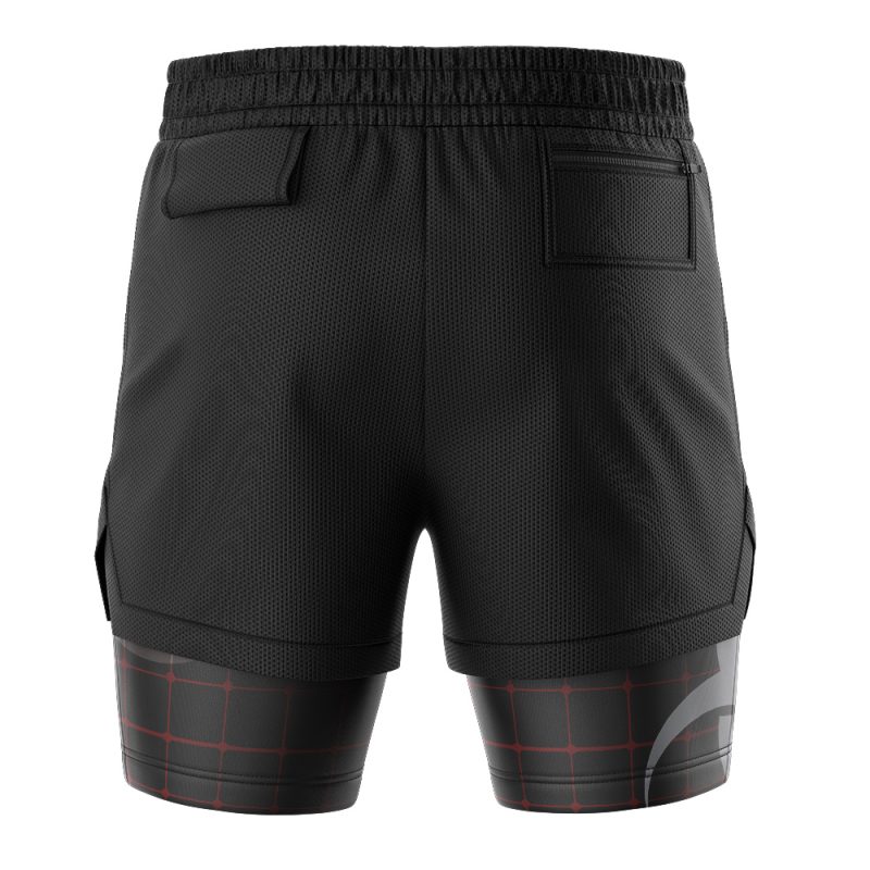 Umbrella Corp Resident Evil 2-in-1 Performance Shorts viewed from the back, featuring an elastic waistband, two back pockets, and a layered design with an inner black and red grid-patterned compression layer.