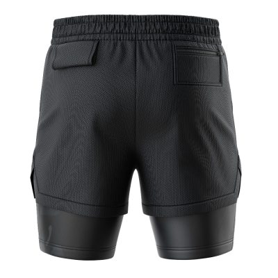 Umbreon Pokemon 2-in-1 Performance Shorts shown from the back, with an elastic waistband, left flap pocket, right zippered pocket, and visible compression shorts extending below the outer layer.