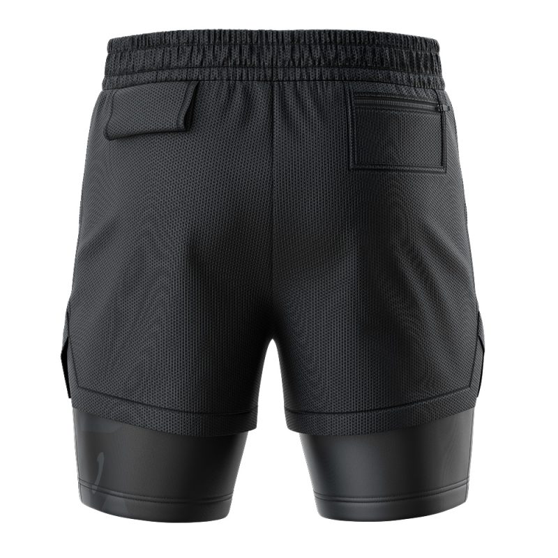 Umbreon Pokemon 2-in-1 Performance Shorts shown from the back, with an elastic waistband, left flap pocket, right zippered pocket, and visible compression shorts extending below the outer layer.