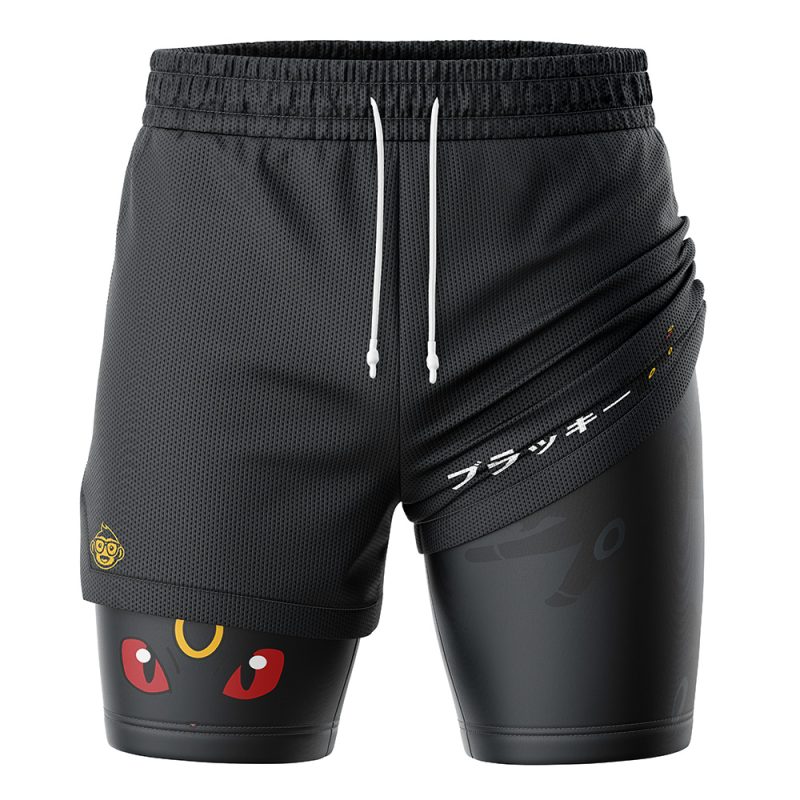 The Umbreon Pokemon 2-in-1 Performance Shorts feature black outer mesh shorts with white drawstrings and Japanese text, plus inner compression shorts adorned with red and yellow cartoon eyes and a gold insignia.