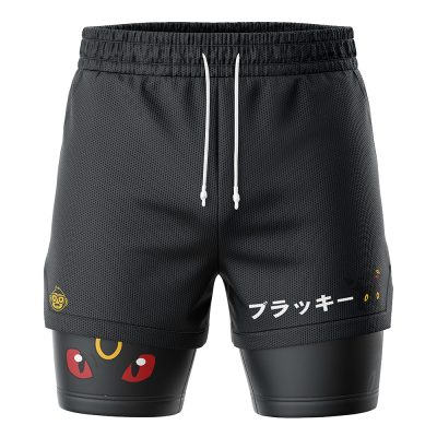 Umbreon Pokemon 2-in-1 Performance Shorts: Black mesh athletic shorts with white drawstrings, Japanese text, yellow accents, and built-in compression shorts featuring an Umbreon red and yellow-eyed graphic on a black background.