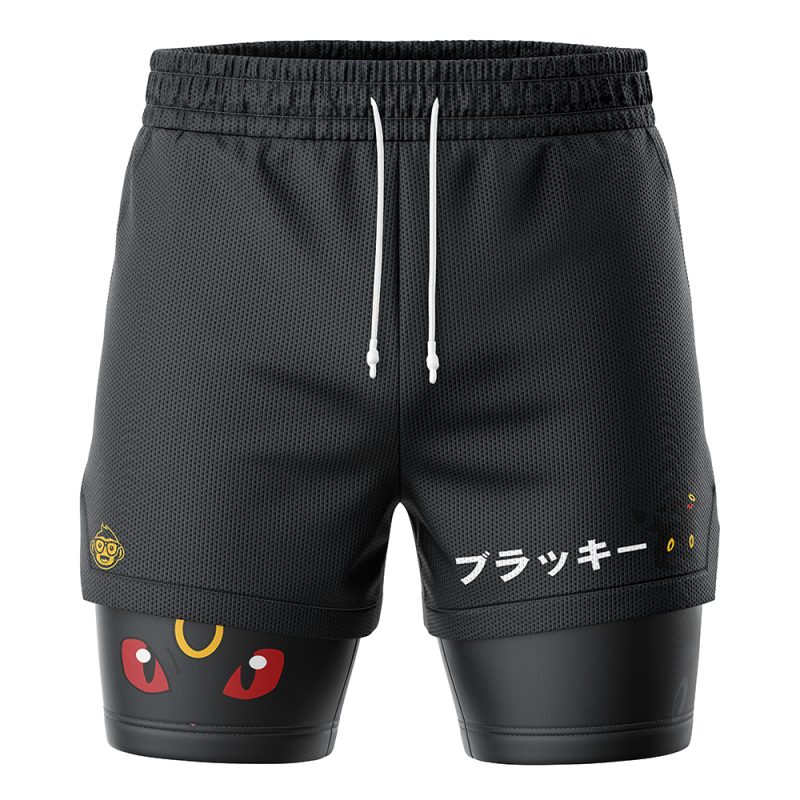 Umbreon Pokemon 2-in-1 Performance Shorts: Black mesh athletic shorts with white drawstrings, Japanese text, yellow accents, and built-in compression shorts featuring an Umbreon red and yellow-eyed graphic on a black background.