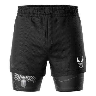 The Venom Marvel Comics 2-in-1 Performance Shorts are black athletic shorts featuring a white Venom logo on the left thigh, plus built-in compression shorts with a white spider emblem and web-inspired designs.