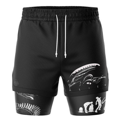 Xenomorph Alien 2-in-1 Performance Shorts: Black athletic shorts with white drawstrings, showcasing a Xenomorph head graphic and an evolution-themed design of human and alien silhouettes along the lower right leg.