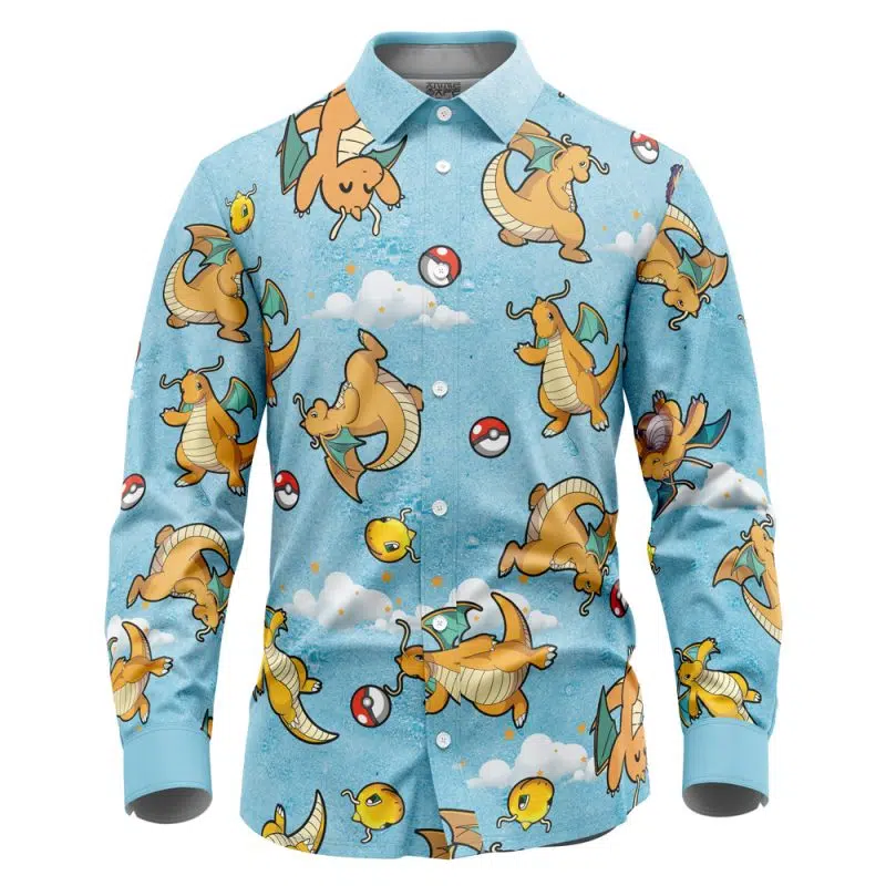 Dragonite Pattern Pokemon Long Sleeve Button Up Shirt