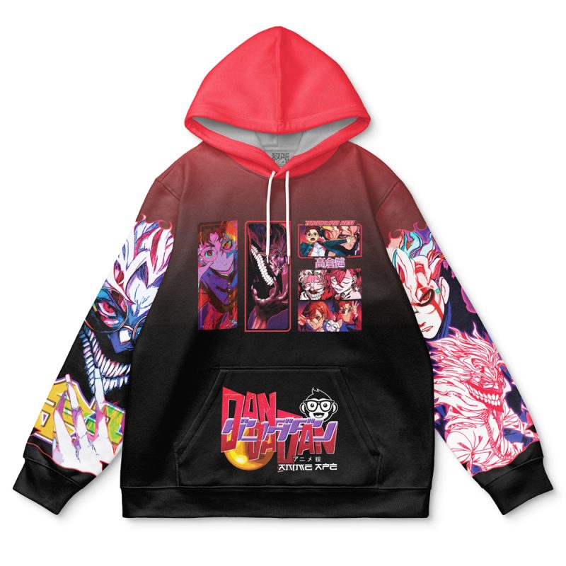 The Okarun Dandadan Streetwear Hoodie has a red hood, black body, vibrant anime-style character and creature artwork on the sleeves, chest, and pocket, plus stylized Japanese text on the front pocket.
