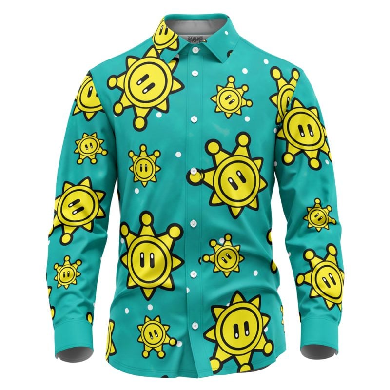 Shine Sprite Pattern Mario Bros Long Sleeve Button Up Shirt