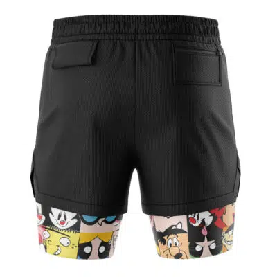 90's Cartoon Network 2-in-1 Performance Shorts feature black athletic fabric with two back pockets and a white lower section decorated with colorful cartoon character faces, including dogs, cats, and other animated animals.
