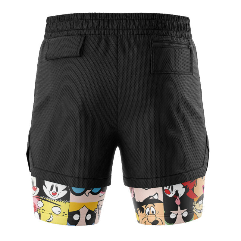 90's Cartoon Network 2-in-1 Performance Shorts feature black athletic fabric with two back pockets and a white lower section decorated with colorful cartoon character faces, including dogs, cats, and other animated animals.
