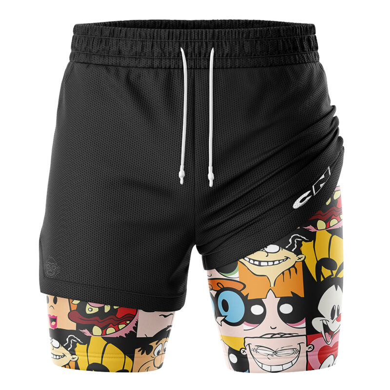 The 90's Cartoon Network 2-in-1 Performance Shorts feature black fabric, white drawstrings, and a grid of colorful cartoon faces on one side. The “CRY” logo is displayed on the right hip.