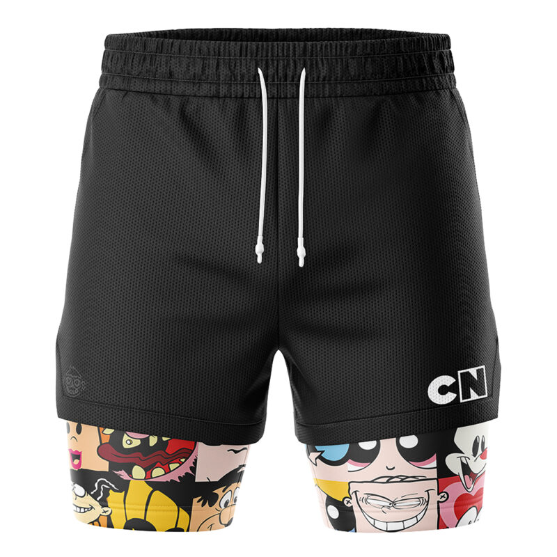 The 90's Cartoon Network 2-in-1 Performance Shorts are black with white drawstrings, featuring a grid of colorful cartoon faces on one leg and a CN logo on the other.