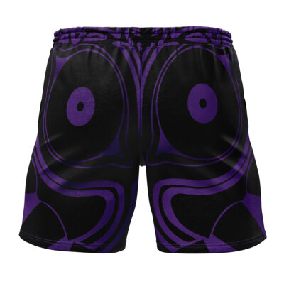 Majora’s-Mask-Zelda Gym Shorts feature a bold, symmetrical purple and black abstract design on the front, inspired by stylized eyes, for a striking visual effect.