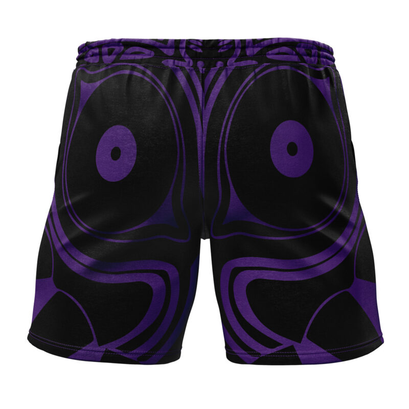 Majora’s-Mask-Zelda Gym Shorts feature a bold, symmetrical purple and black abstract design on the front, inspired by stylized eyes, for a striking visual effect.
