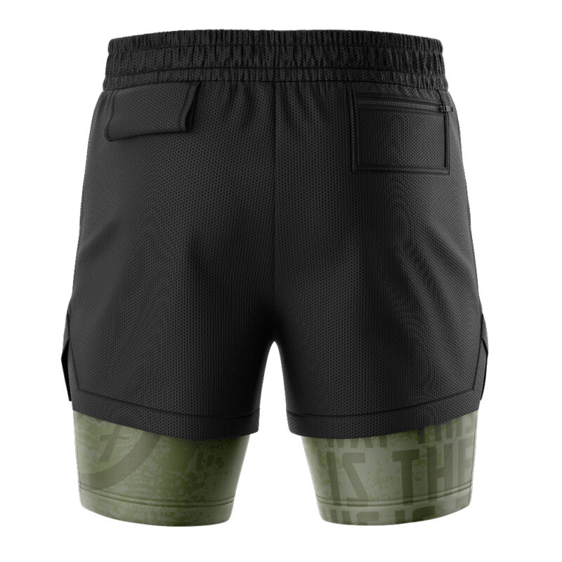 Rear view of Mandalorian Star Wars 2-in-1 Performance Shorts with a black upper, olive green patterned lower section, two back pockets, and an elastic waistband.