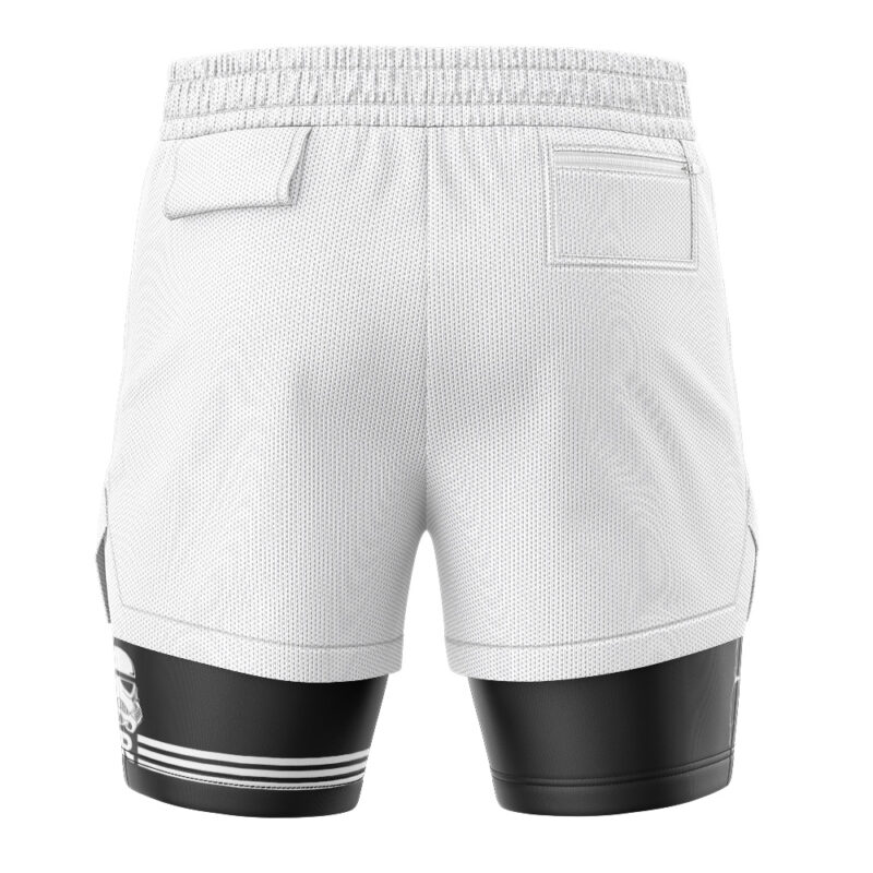 The Stormtroopers Star Wars 2-in-1 Performance Shorts feature a white mesh back upper with a pocket, plus black lower panels accented by bold white Star Wars graphics near the hem.