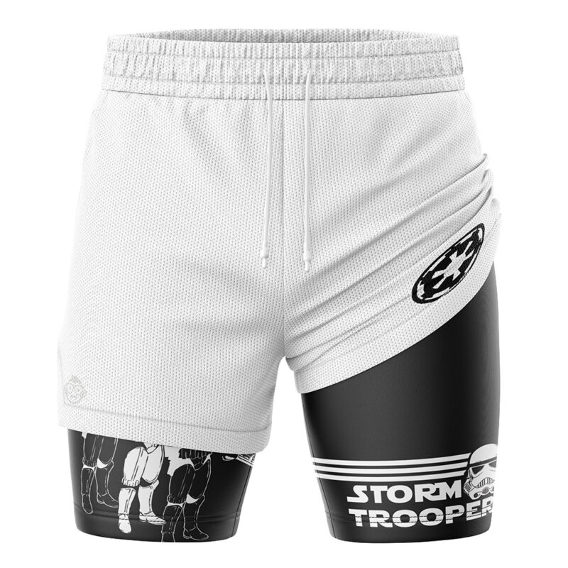 The Stormtroopers Star Wars 2-in-1 Performance Shorts feature white mesh athletic fabric with a black inner layer displaying STORMTROOPER text, stormtrooper helmet graphics, partial illustrations, and an Imperial logo on the left hip.