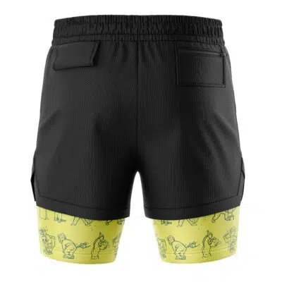 Vault Boy Fallout 2-in-1 Performance Shorts feature black mesh outer shorts over yellow compression liners with cartoon poses, two back pockets, and an elastic waistband.