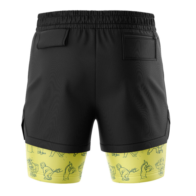 Vault Boy Fallout 2-in-1 Performance Shorts feature black mesh outer shorts over yellow compression liners with cartoon poses, two back pockets, and an elastic waistband.
