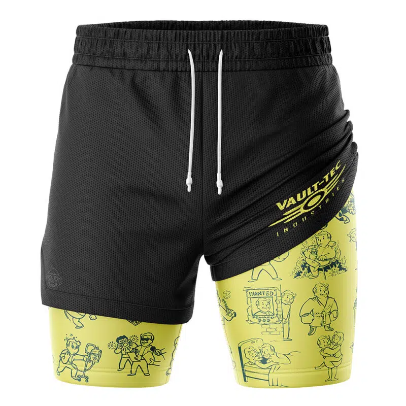 Vault Boy Fallout 2-in-1 Performance Shorts feature a black mesh outer layer, a yellow inner layer with Vault Boy cartoons, the Vault-Tec logo on the right leg, and white drawstrings at the waistband.