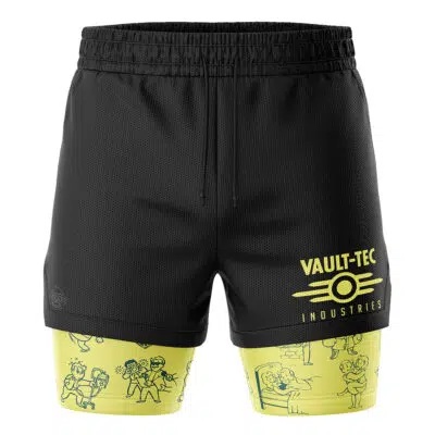 The Vault Boy Fallout 2-in-1 Performance Shorts feature black athletic shorts with attached yellow compression shorts, Vault Boy graphics, VAULT-TEC INDUSTRIES text, and the Vault-Tec logo on the right leg.