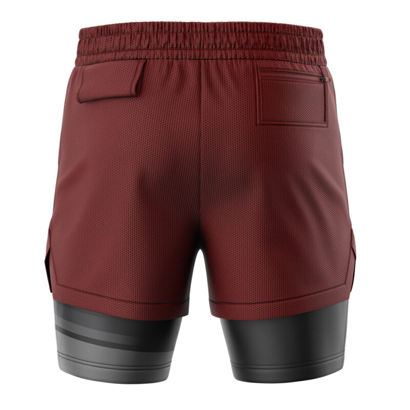 The Edward Elric Automail Fullmetal Alchemist 2-in-1 Performance Shorts feature maroon athletic shorts with an elastic waistband, a back pocket, and black compression shorts underneath with gray horizontal stripes on the thighs, shown from the back.