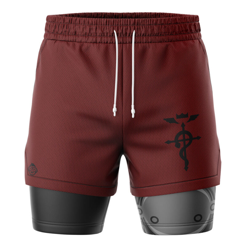 Edward Elric Automail Fullmetal Alchemist 2-in-1 Performance Shorts: Maroon athletic shorts with an elastic waistband, white drawstrings, a black alchemy symbol on the right leg, and built-in black and gray compression shorts.