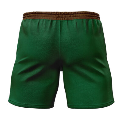 Link Legend of Zelda Gym Shorts featuring green fabric and a brown elastic waistband, shown from the back. Visible seams and shading highlight the smooth material's folds and contours.
