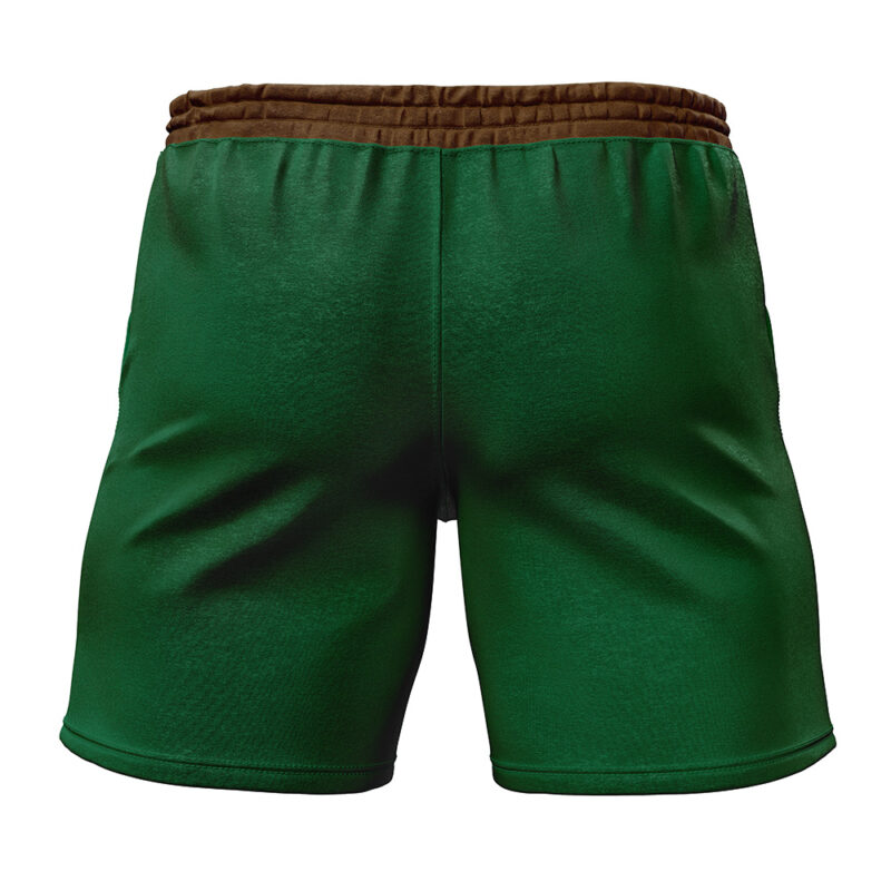 Link Legend of Zelda Gym Shorts featuring green fabric and a brown elastic waistband, shown from the back. Visible seams and shading highlight the smooth material's folds and contours.