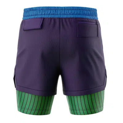The image shows the Piccolo DBZ 2-in-1 Performance Shorts featuring a blue waistband, dark purple upper section, green undershorts with vertical dark stripes, and both back and side cargo pockets.