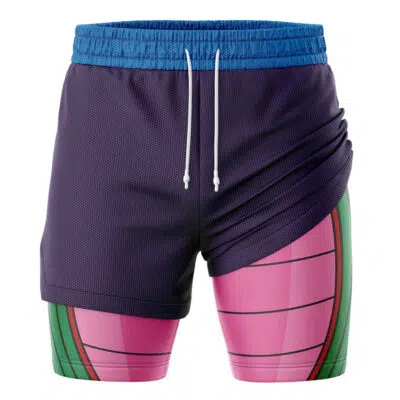 The Piccolo DBZ 2-in-1 Performance Shorts feature a blue waistband, dark purple upper layer, and a vibrant underlayer with pink, green, and black-lined sections, inspired by a stylized superhero or comic book design.