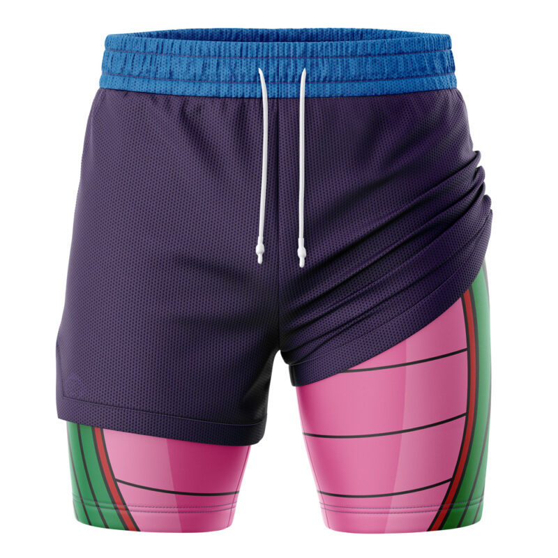 The Piccolo DBZ 2-in-1 Performance Shorts feature a blue waistband, dark purple upper layer, and a vibrant underlayer with pink, green, and black-lined sections, inspired by a stylized superhero or comic book design.