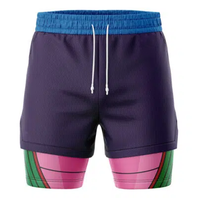 The Piccolo DBZ 2-in-1 Performance Shorts feature a blue waistband, deep purple outer layer, pink and green patterned compression shorts underneath, and white front drawstrings.