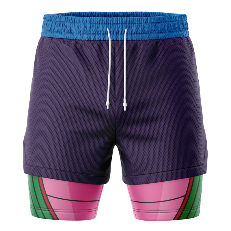 The Piccolo DBZ 2-in-1 Performance Shorts feature a blue waistband, deep purple outer layer, pink and green patterned compression shorts underneath, and white front drawstrings.
