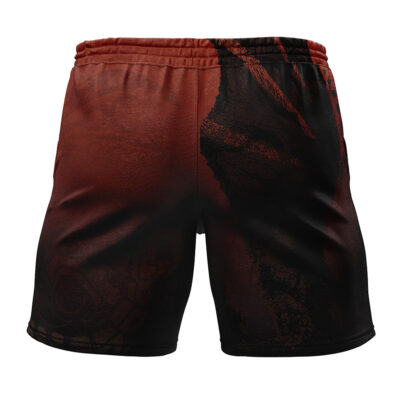 Rathalos Monster Hunter Gym Shorts with an elastic waistband, featuring a dark red and black abstract pattern, shown from the back.