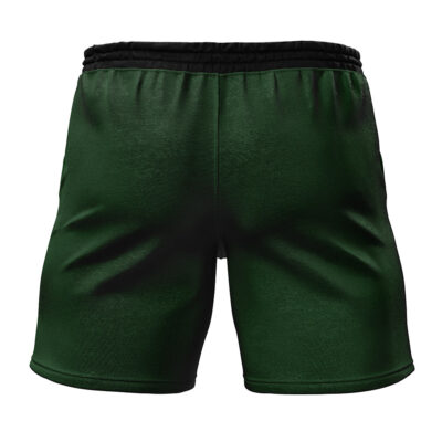 The Roronoa Zoro Straw Hat One Piece Gym Shorts, featuring green fabric and a black elastic waistband, are displayed from the back against a white background.