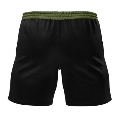 STARS Resident Evil Gym Shorts shown from the back, featuring an olive green elastic waistband. These black athletic shorts have a simple, logo-free design with no visible patterns.
